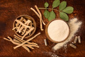 ashwagandha branch and powder capsules